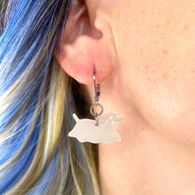 Load image into Gallery viewer, Cryptid Club Sarah's Scribbles Dog Ghost Dangle Earrings- GLOWS!