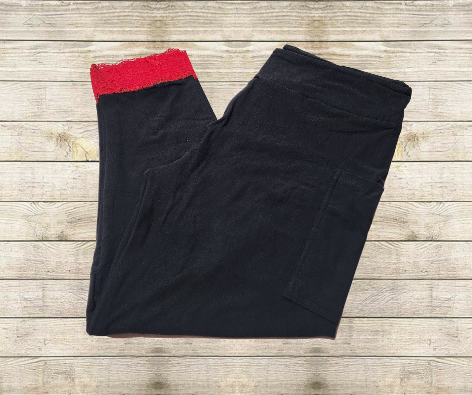 Red Lace Bottom Black Capri Leggings w/ Pockets by ML&M