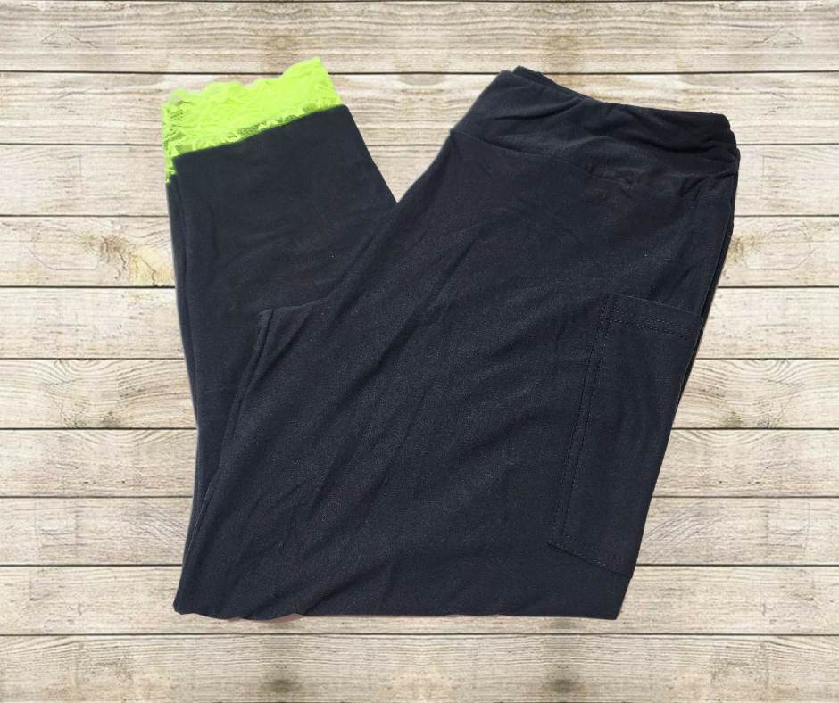 Neon Green Lace Bottom Black Capri Leggings w/ Pockets by ML&M