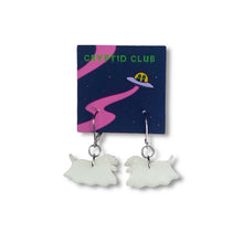 Load image into Gallery viewer, Cryptid Club Sarah's Scribbles Dog Ghost Dangle Earrings- GLOWS!