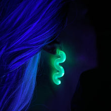 Load image into Gallery viewer, Chunky Squiggle Statement Earrings - Black Light Reactive Clear Green