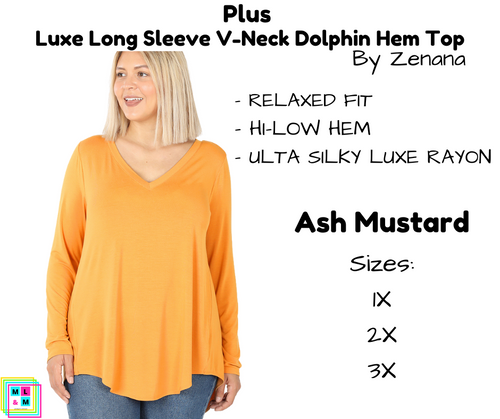 PLUS Luxe Long Sleeve V-Neck Dolphin Hem Top - Ash Mustard