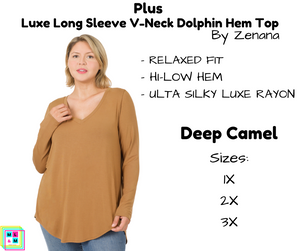 PLUS Luxe Long Sleeve V-Neck Dolphin Hem Top - Deep Camel