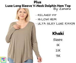 PLUS Luxe Long Sleeve V-Neck Dolphin Hem Top - Khaki