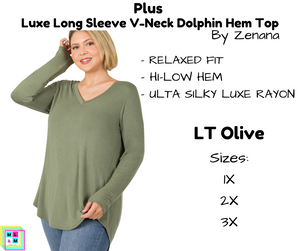 PLUS Luxe Long Sleeve V-Neck Dolphin Hem Top - LT Olive