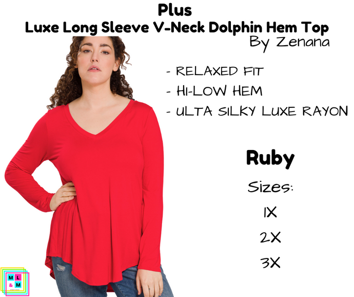 PLUS Luxe Long Sleeve V-Neck Dolphin Hem Top - Ruby