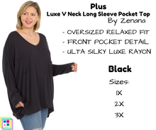 Load image into Gallery viewer, PLUS Lux V Neck Long Sleeve Pocket Top - Black