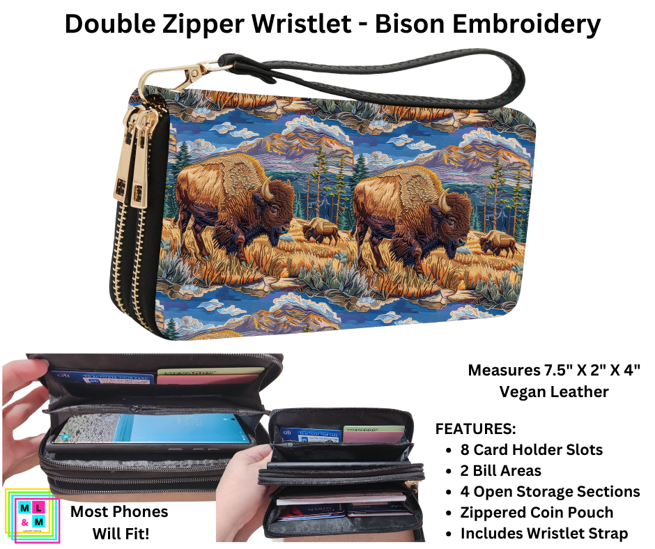 Bison Embroidery Friends Double Zipper Wristlet by ML&M!