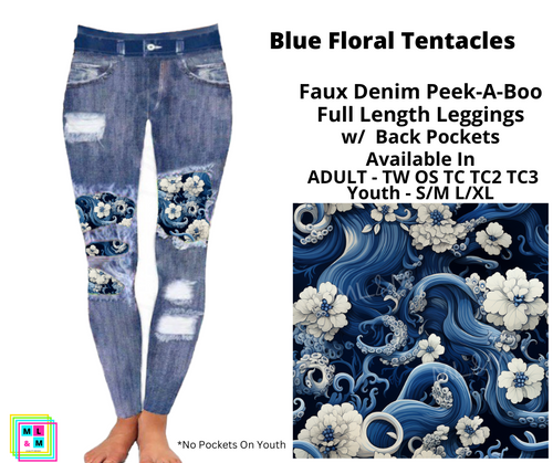 Blue Floral Tentacles Faux Denim Full Length Peekaboo Leggings By ML&M