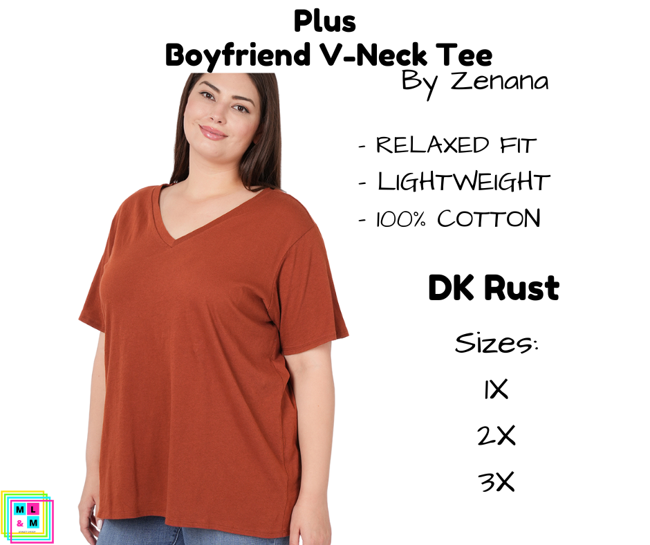 PLUS Boyfriend V-Neck Tee - DK Rust