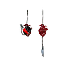 Load image into Gallery viewer, Chopped Heart Hoops - Drop Dead Red Silver Hoops
