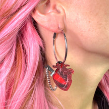 Load image into Gallery viewer, Chopped Heart Hoops - Drop Dead Red Silver Hoops