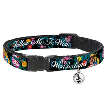 Load image into Gallery viewer, Cat Collar Breakaway - Alice Cheshire Cat Flowers Poses2 FOLLOW ME TO WONDERLAND Black Multi Color White