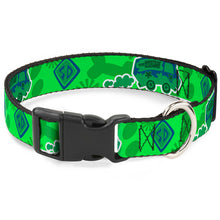 Load image into Gallery viewer, Plastic Clip Collar - Scooby Doo Mystery Machine/Dog Tag Collage Greens/Blues