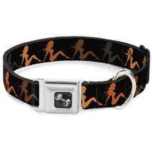 Load image into Gallery viewer, Dog Bone Seatbelt Buckle Collar - Mud Flap Girl Repeat Black/Orange Fade