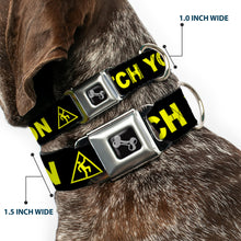 Load image into Gallery viewer, Dog Bone Seatbelt Buckle Collar - CAUTION WATCH YOUR DUBSTEP Black/Yellow