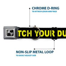 Load image into Gallery viewer, Dog Bone Seatbelt Buckle Collar - CAUTION WATCH YOUR DUBSTEP Black/Yellow