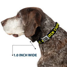 Load image into Gallery viewer, Dog Bone Seatbelt Buckle Collar - CAUTION WATCH YOUR DUBSTEP Black/Yellow