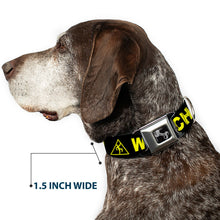 Load image into Gallery viewer, Dog Bone Seatbelt Buckle Collar - CAUTION WATCH YOUR DUBSTEP Black/Yellow
