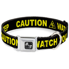 Load image into Gallery viewer, Dog Bone Seatbelt Buckle Collar - CAUTION WATCH YOUR DUBSTEP Black/Yellow