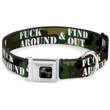 Load image into Gallery viewer, Dog Bone Black/Silver Seatbelt Buckle Collar - FAFO FUCK AROUND &amp; FIND OUT Stencil Camo/White