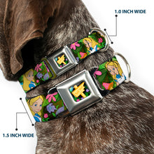 Load image into Gallery viewer, Alice in Wonderland THIS WAY Sign/Flowers Full Color Seatbelt Buckle Collar - Alice &amp; Cheshire Cat Poses/Flowers