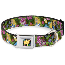 Load image into Gallery viewer, Alice in Wonderland THIS WAY Sign/Flowers Full Color Seatbelt Buckle Collar - Alice &amp; Cheshire Cat Poses/Flowers