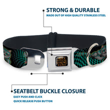 Load image into Gallery viewer, ALICE THROUGH THE LOOKING GLASS Logo Full Color Black/Gold Seatbelt Buckle Collar - Cheshire Cat 4-Poses Checkers Teal/Black