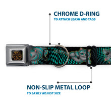 Load image into Gallery viewer, ALICE THROUGH THE LOOKING GLASS Logo Full Color Black/Gold Seatbelt Buckle Collar - Cheshire Cat 4-Poses Checkers Teal/Black
