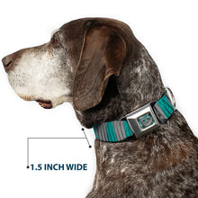 Load image into Gallery viewer, Alice Through the Looking Glass Cheshire Cat Pose Full Color Black Seatbelt Buckle Collar - Cheshire Cat Stripes Gray/Teal/Black