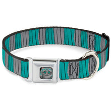 Load image into Gallery viewer, Alice Through the Looking Glass Cheshire Cat Pose Full Color Black Seatbelt Buckle Collar - Cheshire Cat Stripes Gray/Teal/Black
