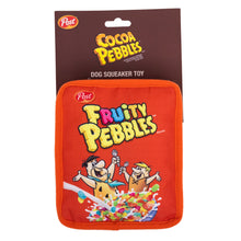 Load image into Gallery viewer, Dog Toy Squeaker Plush - Fruity Pebbles Fred Flintstone and Barney Rubble Cereal Box Replica Red