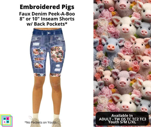 Embroidered Pigs Faux Denim Shorts by ML&M