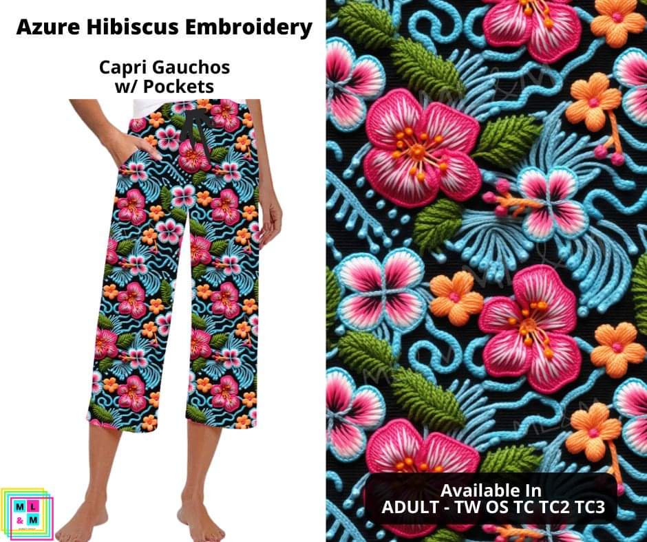 Azure Hibiscus Embroidery Capri Gauchos by ML&M