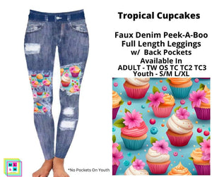 Tropical Cupcakes Faux Denim Full Length Peekaboo Leggings by ML&M