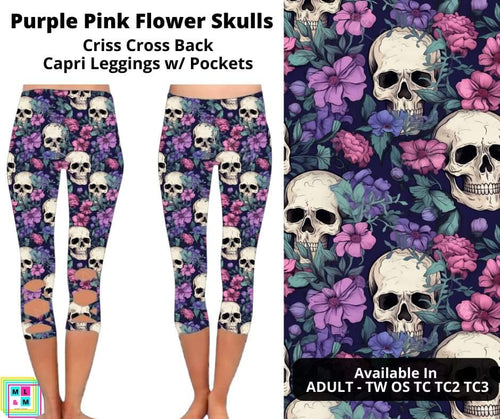 Purple Pink Flower Skulls Criss Cross Capri w/ Pockets by ML&M