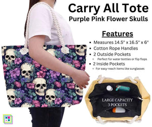 Purple Pink Flower Skulls Carry All Tote w/ Zipper by ML&M