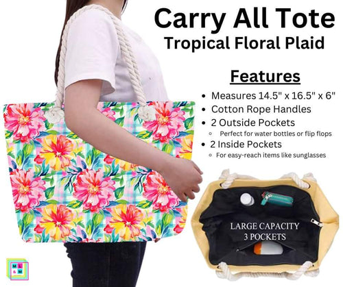 Tropical Floral Plaid Carry All Tote w/ Zipper by ML&M