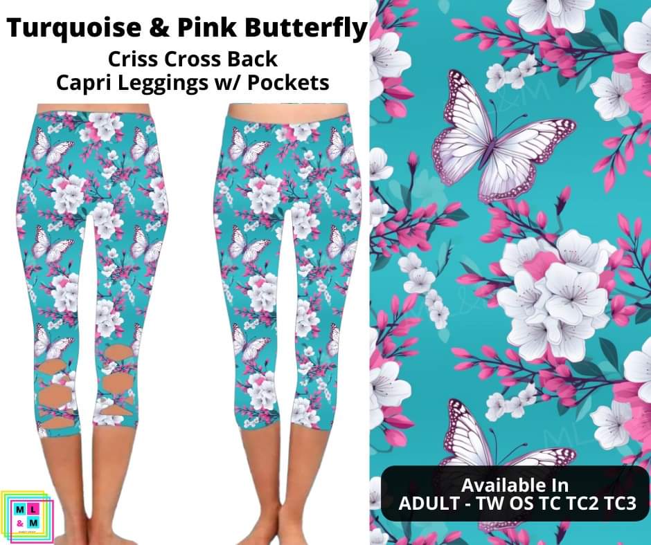 Turquoise & Pink Butterfly Criss Cross Capri w/ Pockets by ML&M