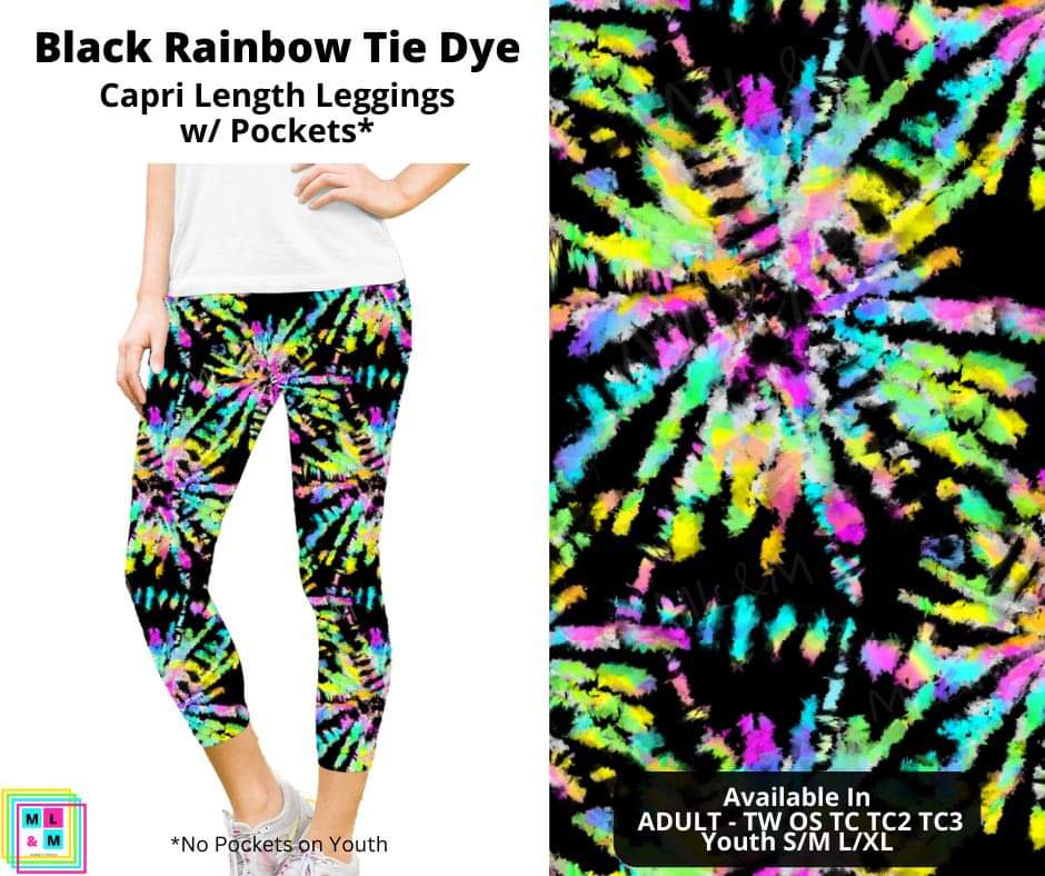 Black Rainbow Tie Dye Capri Length Leggings w/ Pockets by ML&M