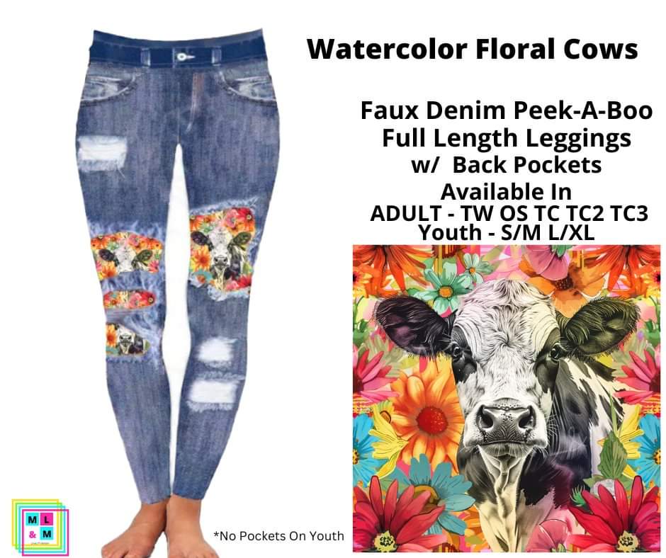 Watercolor Floral Cows Faux Denim Full Length Peekaboo Leggings by ML&M