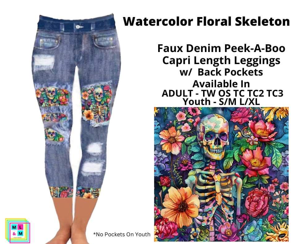 Watercolor Floral Skeleton Faux Denim Peekaboo Capris by ML&M