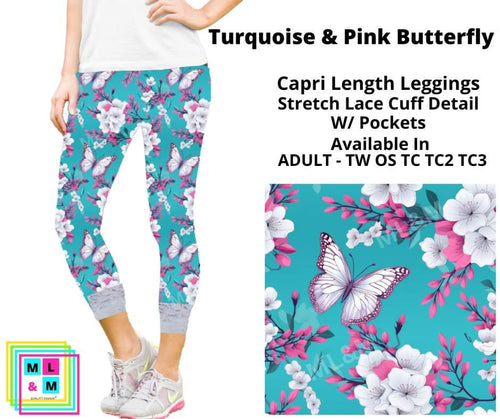 Turquoise & Pink Butterfly Lace Cuff Capris w/ Pockets by ML&M