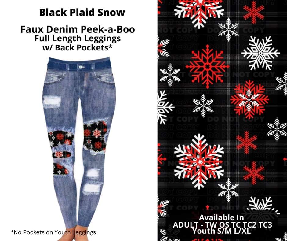 Black Plaid Snow Faux Denim Full Length Peekaboo Leggings by ML&M