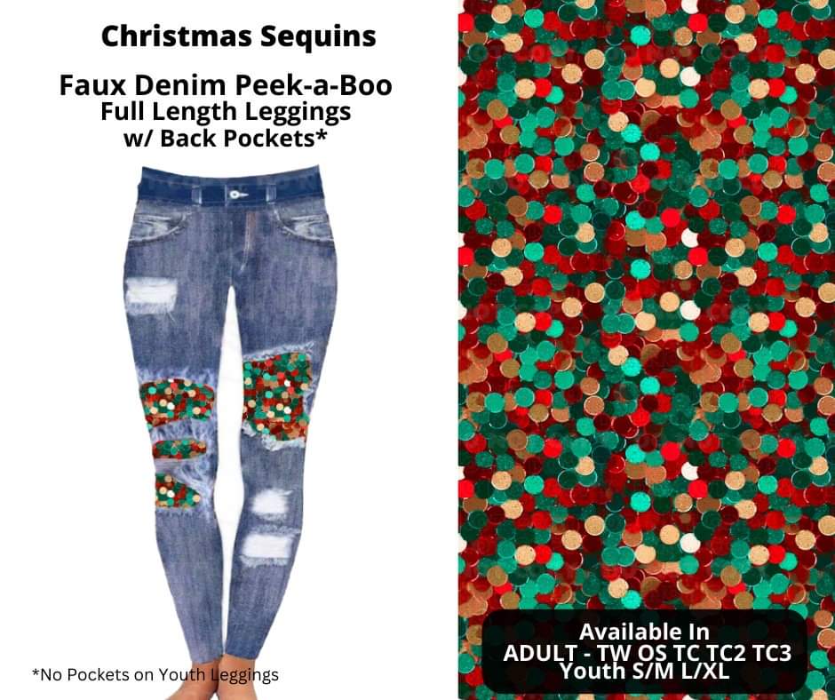 Christmas Sequins Faux Denim Full Length Peekaboo Leggings by ML&M