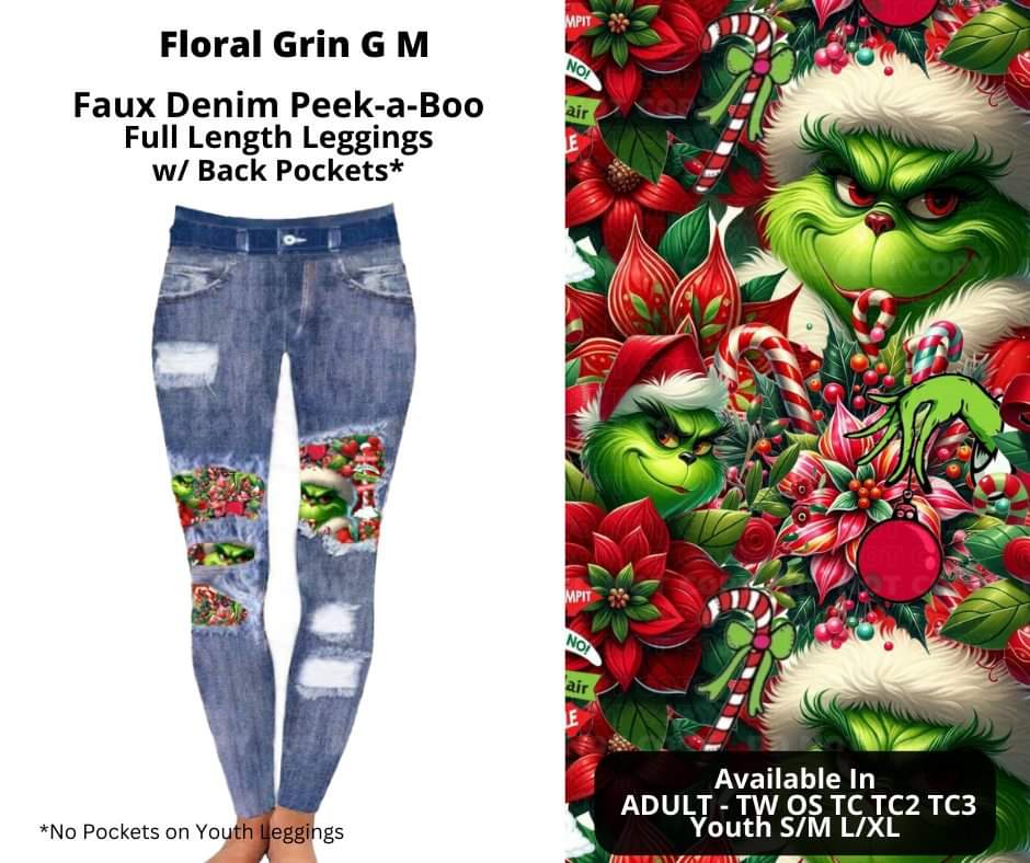 Floral Grin G M Faux Denim Full Length Peekaboo Leggings by ML&M