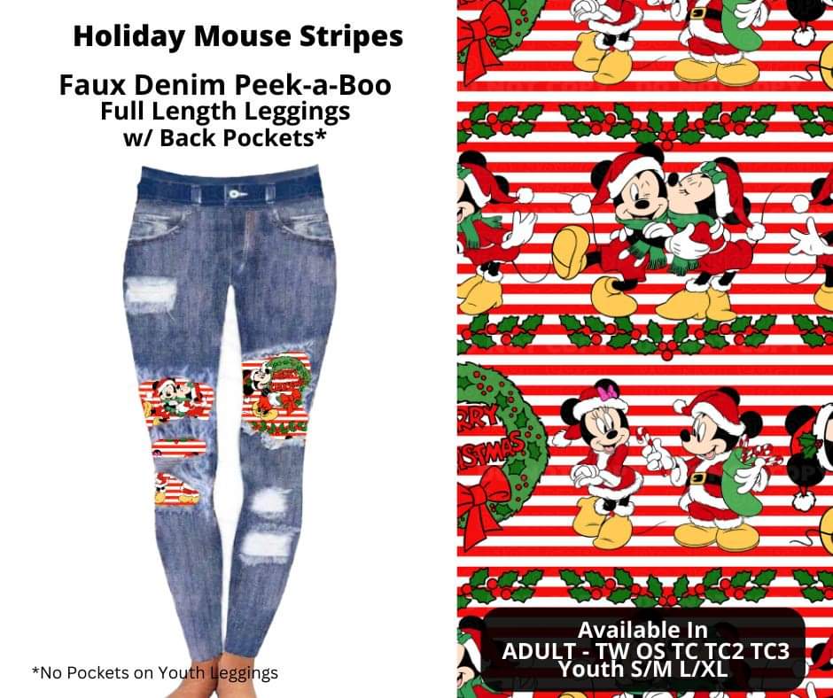 Holiday Mouse Stripe Faux Denim Full Length Peekaboo Leggings by ML&M