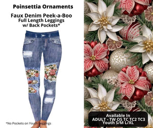 Poinsettia Ornaments Faux Denim Full Length Peekaboo Leggings by ML&M