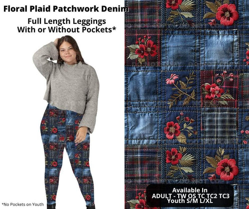 Preorder! Closes 11/6. ETA Jan. Floral Plaid Patchwork Denim Full Length Leggings w/wo Pockets