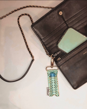 Load image into Gallery viewer, Gold Dots on Aqua LippyClip® Lip Balm Holder